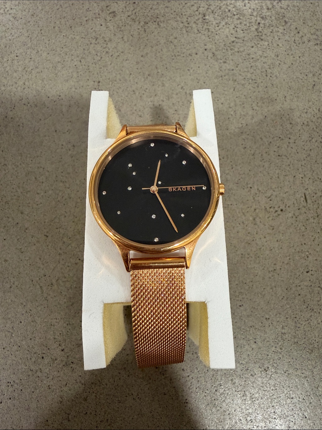 Skagen Rose Gold Anita Watch With Black Dial And Crystal Markers